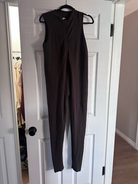 Fashion Nova Sleeveless Zip-Front Dark Brown Ribbed Jumpsuit